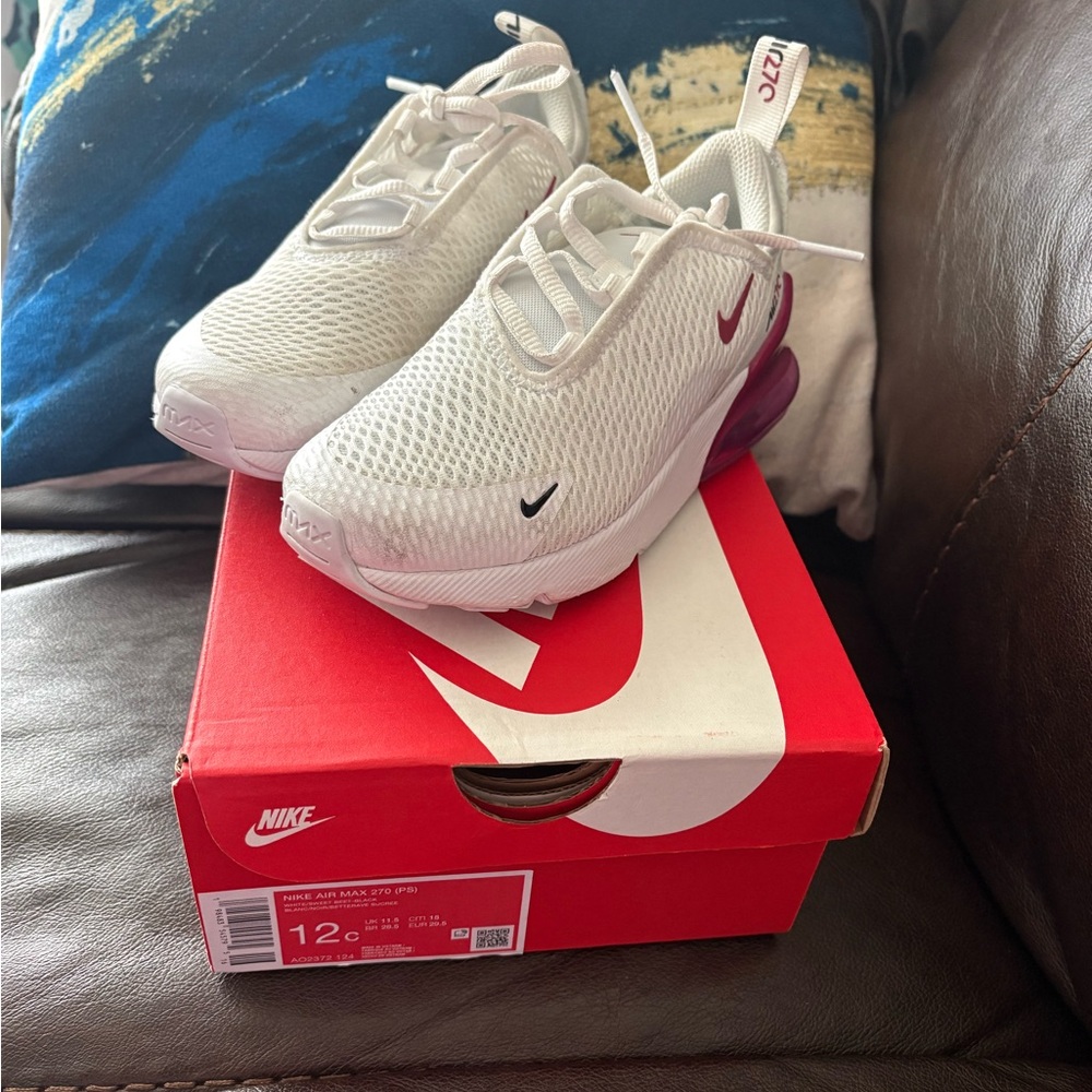 Nike Kids White Sneakers with Purple Accent Air Cushion